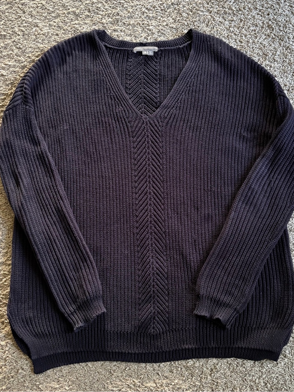 Vince Black Chunky Knit Cotton Long Sleeve Sweater Pullover V Neck Cozy Medium
